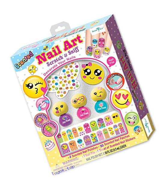 SmitCo LLC Nail Polish For Girls - Non Toxic Emoji Themed Nail Art Kit Or Spa Set For Kids - Includes Scented, Stickers, Peel-Off Nail Polish, Nail Patches, A File and Stickies